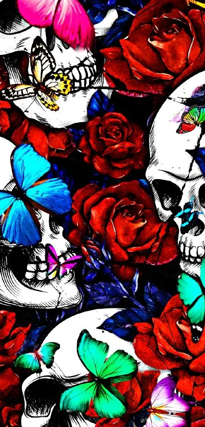 Vibrant skull and roses wallpaper with colorful butterflies for mobile.