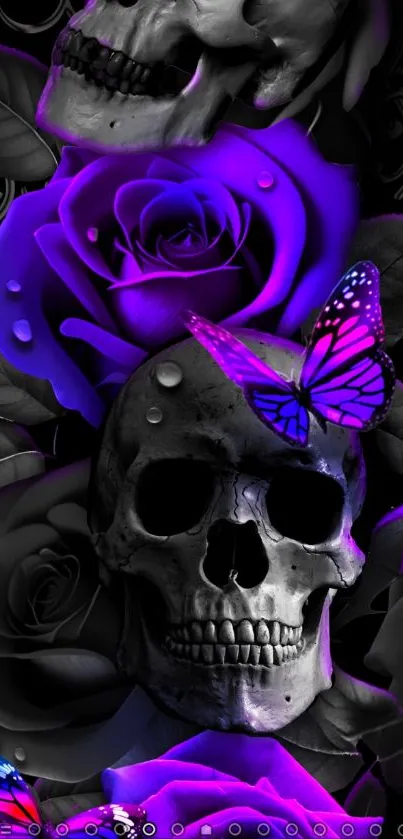 Skulls with purple roses and butterflies wallpaper