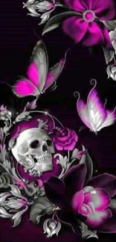 Vibrant gothic wallpaper with skull and pink butterflies.