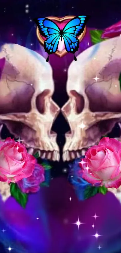 Gothic skulls with roses and butterfly wallpaper