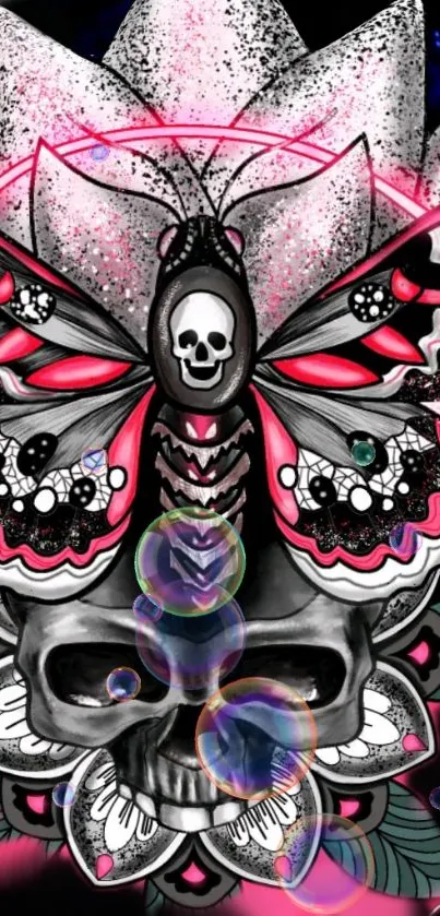 Colorful skull and butterfly wallpaper art with pink accents.