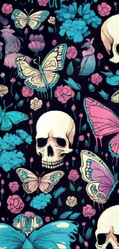 Colorful skull and butterfly design wallpaper with floral accents.