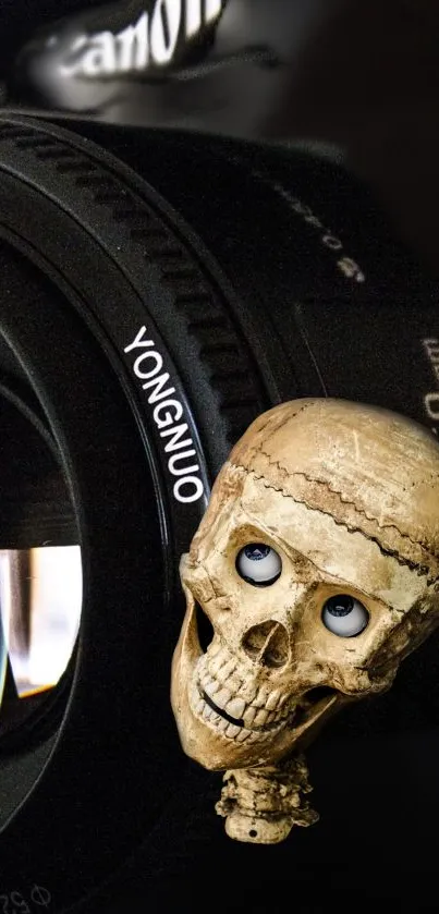 Skull with camera lens in dark artistic wallpaper.