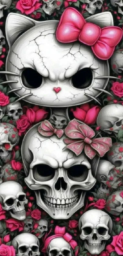 Gothic wallpaper with skulls, cat face, and pink roses.