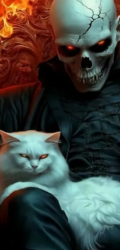 Fantasy skull with a cat, fiery background.