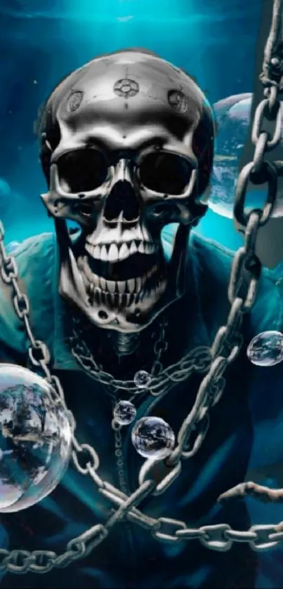 Metallic skull with chains and ocean bubbles, dark fantasy wallpaper.