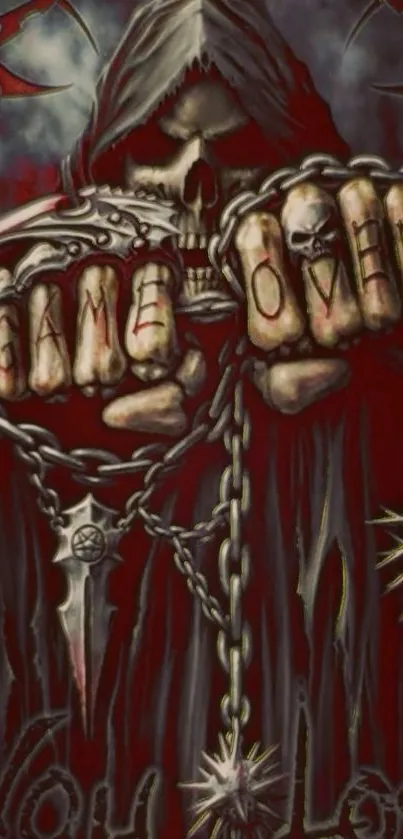 Gothic skull with chains and game over text.