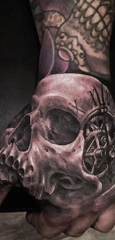 Detailed skull and clock tattoo on a hand with dark background.