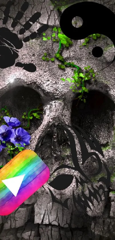 Skull-themed wallpaper with gothic and colorful elements.