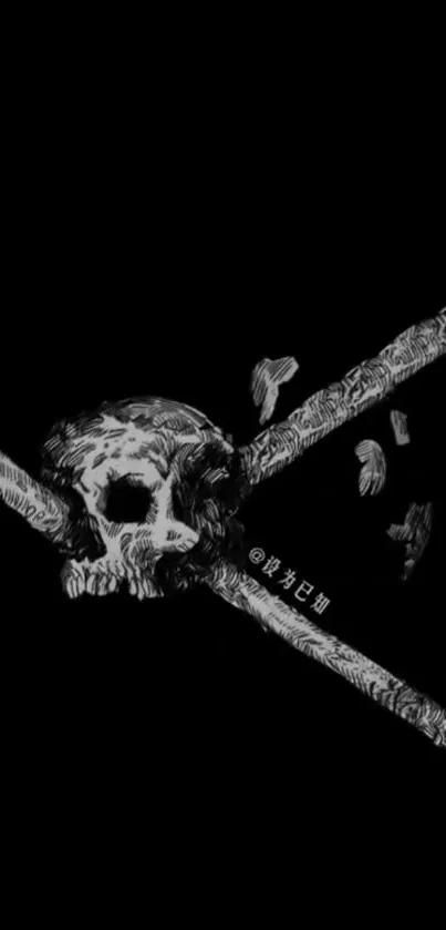 Dark themed mobile wallpaper with a skull and crossed sticks on black.