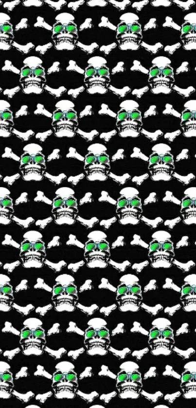 Skull and crossbones pattern with green accents on black background.