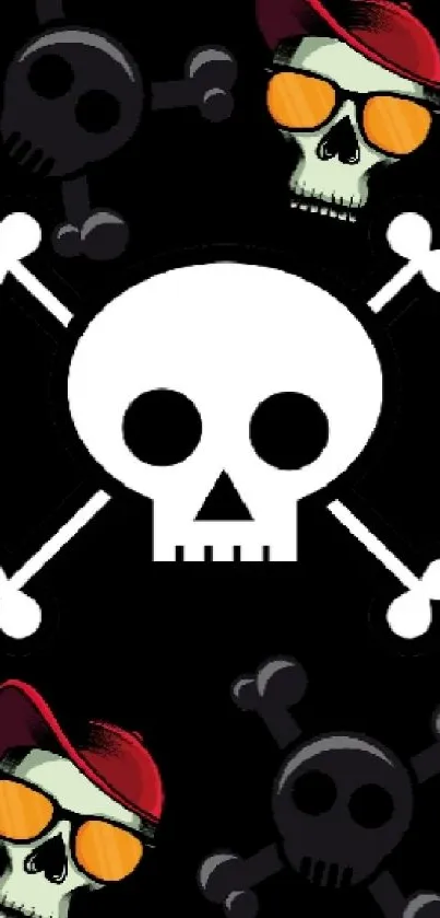 Edgy skull and crossbones mobile wallpaper with bold design on black background.