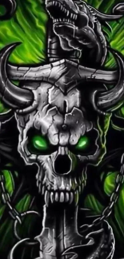 Dark skull with dragon and green eyes wallpaper.