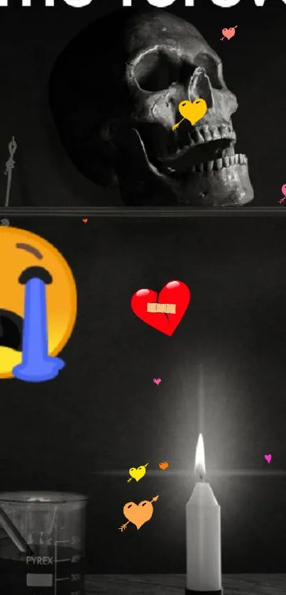 Black wallpaper with skull and candles, featuring colorful crying emojis.