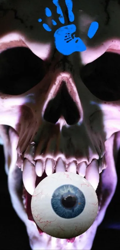 Dark skull with an eyeball in its mouth on a gothic mobile wallpaper.