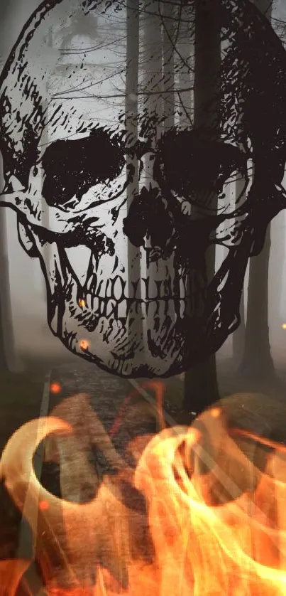 Skull and fire overlaid on foggy forest wallpaper.