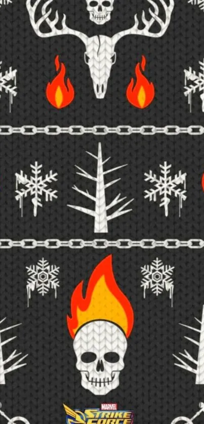 Dark skulls and flames wallpaper with chains and snowflakes.