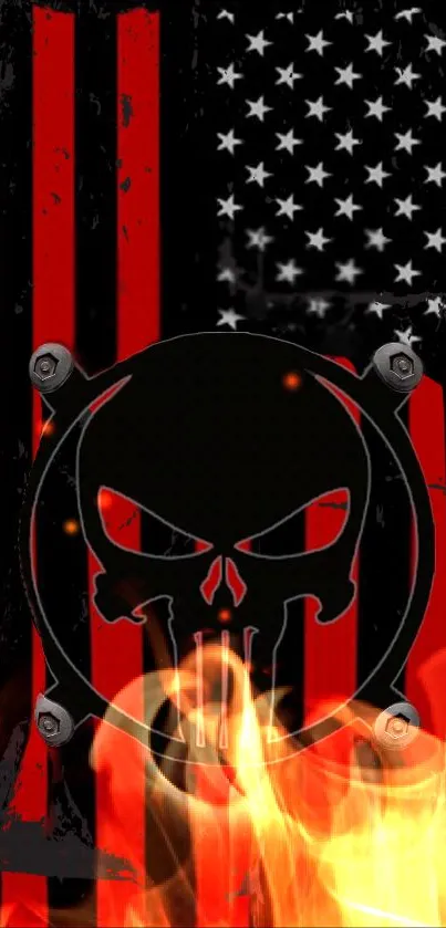 Edgy skull and flames design with American flag on mobile wallpaper.