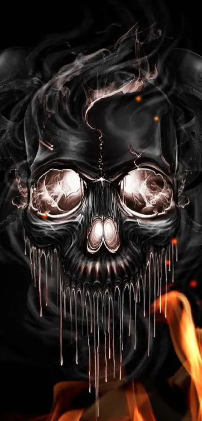 Intricately designed skull with flames, bold and dynamic mobile wallpaper.