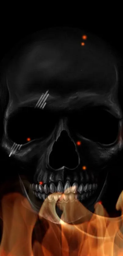 Mobile wallpaper of a black skull with flames.