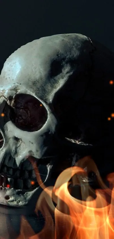 A skull surrounded by fiery flames on dark background.