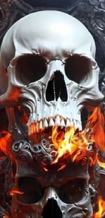 Fiery skull with flames in a dark, gothic art style on mobile wallpaper.