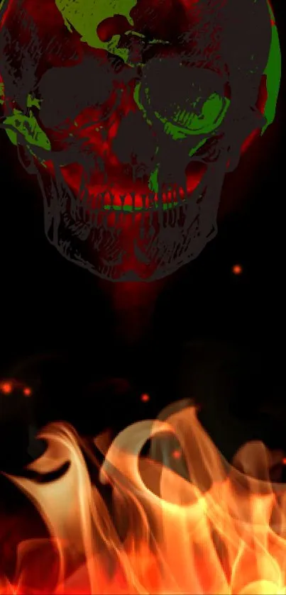 A vibrant skull with flames on a dark background.