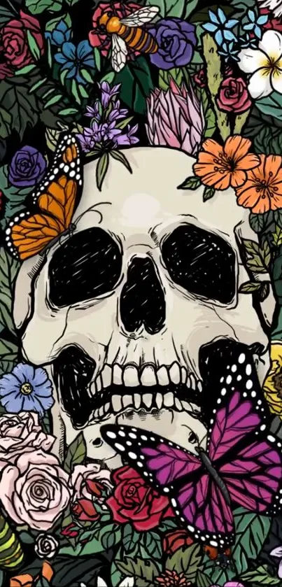 Skull surrounded by colorful flowers and butterflies.