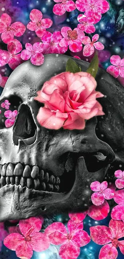 Skull and pink flower wallpaper with vibrant design.