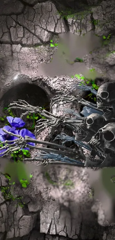 Dark artistic wallpaper with skulls and vibrant flowers on a cracked stone background.