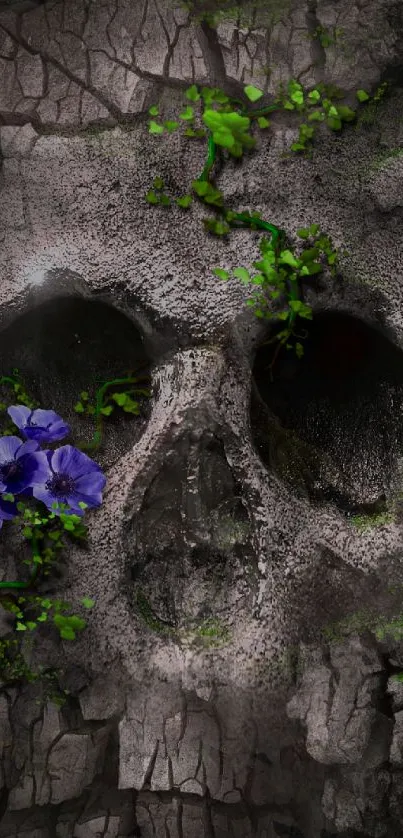 Cracked skull with vibrant purple flowers and greenery on stone background.