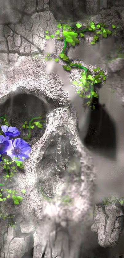 Skull and blue flower on cracked surface, with green vines.