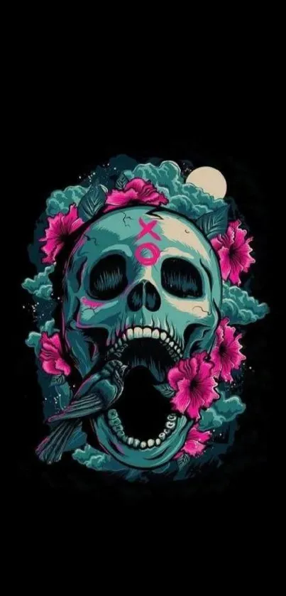 Colorful skull with flowers on a black background.