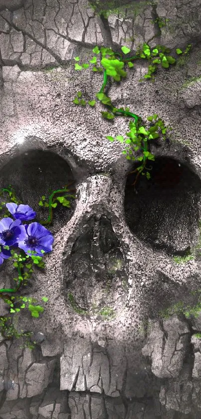 Gray skull with green vines and violet flowers on cracked stone surface.