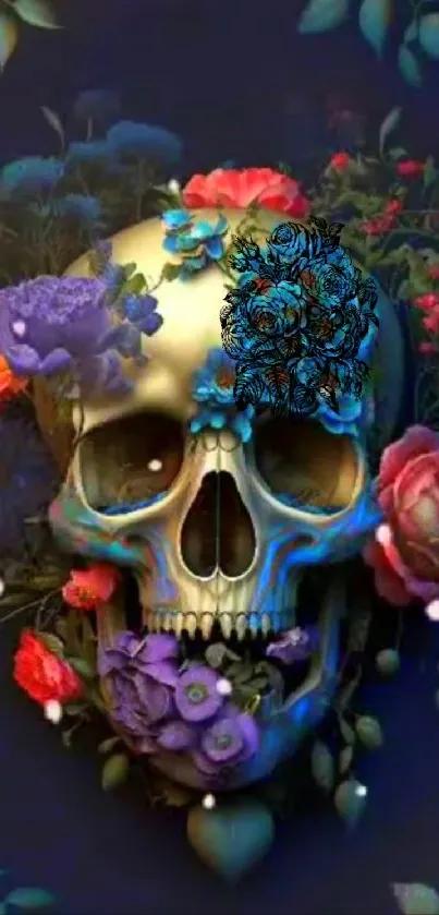 Artistic skull and flowers mobile wallpaper.