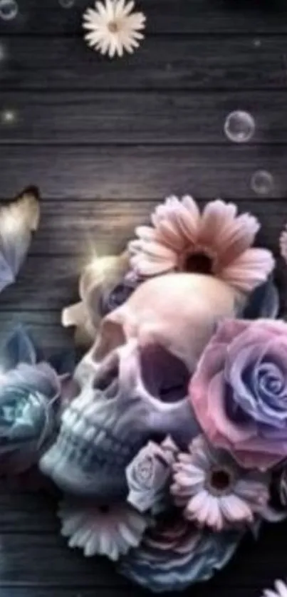 Dark wallpaper with a skull and flowers.