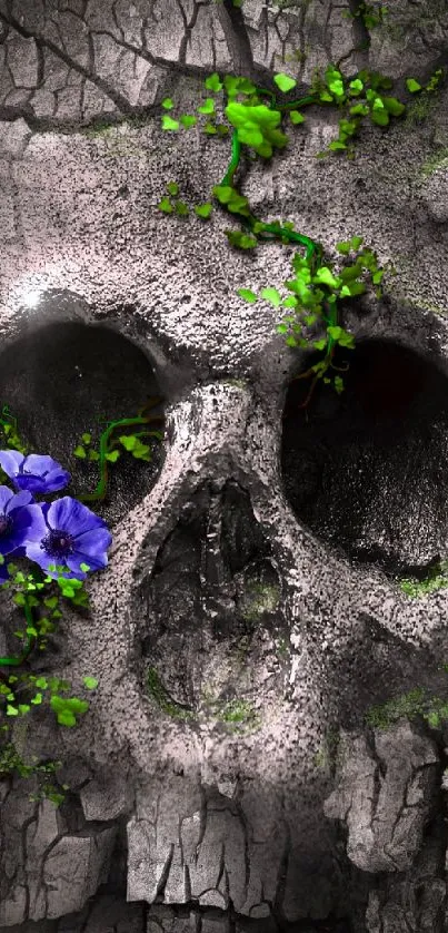 Textured skull with green vines and purple flowers on cracked stone background.