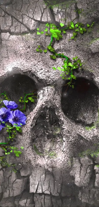 Skull wallpaper with purple flowers and green vines on textured background.