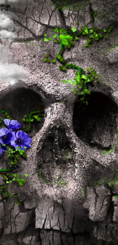 Stone skull with green leaves and purple flowers, mobile wallpaper.