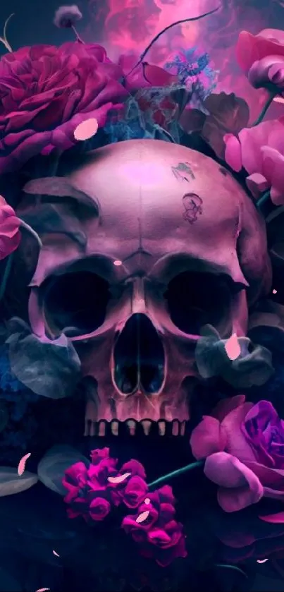 A skull surrounded by vibrant roses and dark mystical colors.