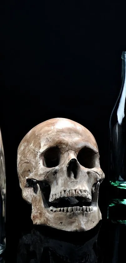 Artistic skull with glass bottles on a black background wallpaper.