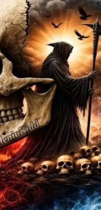 Grim Reaper and skull wallpaper with fiery and icy elements.