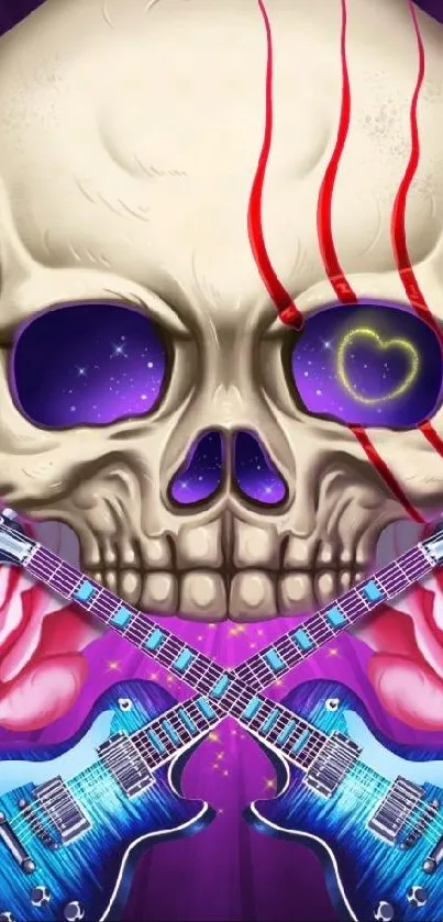 Skull with guitars and roses on a purple background.