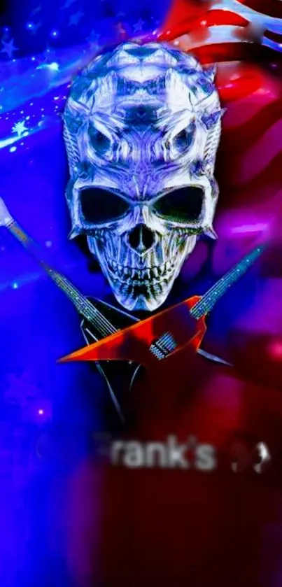 Dark skull and guitars abstract art wallpaper with vibrant colors.