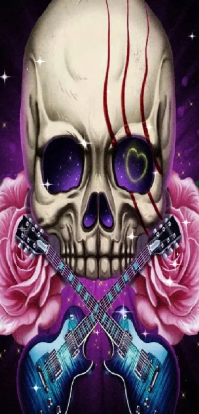 Skull with guitars and roses on a vibrant purple background.