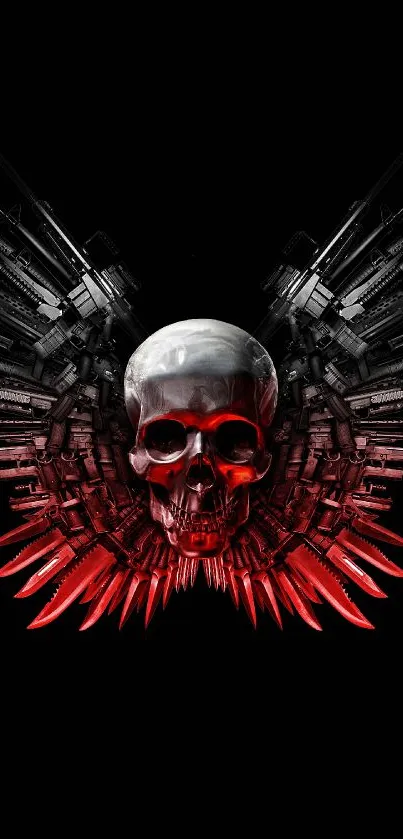 Mobile wallpaper featuring a skull with red wings and guns on a black background.