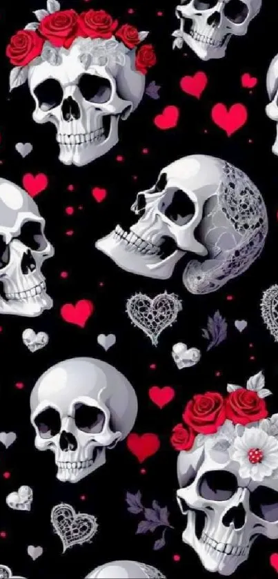 Skull and rose pattern wallpaper with hearts.