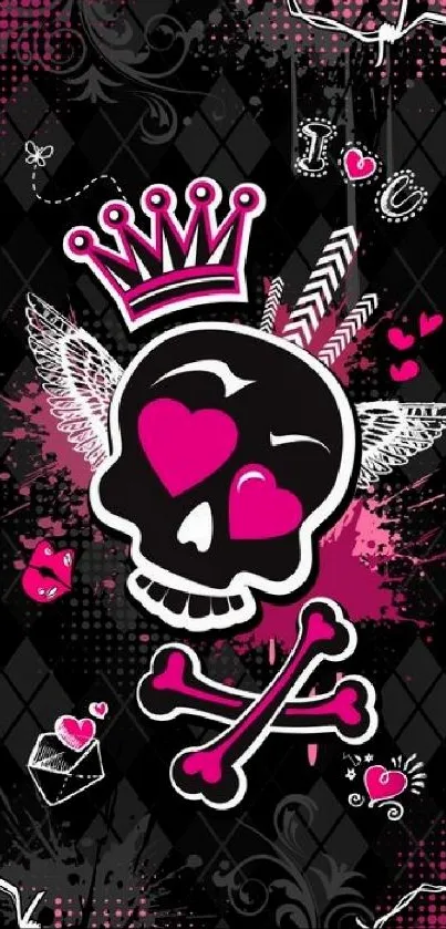 Gothic skull wallpaper with pink hearts and a crown on dark background.