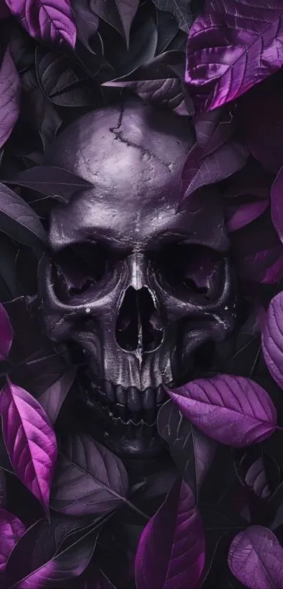 Skull surrounded by purple leaves on a dark background.