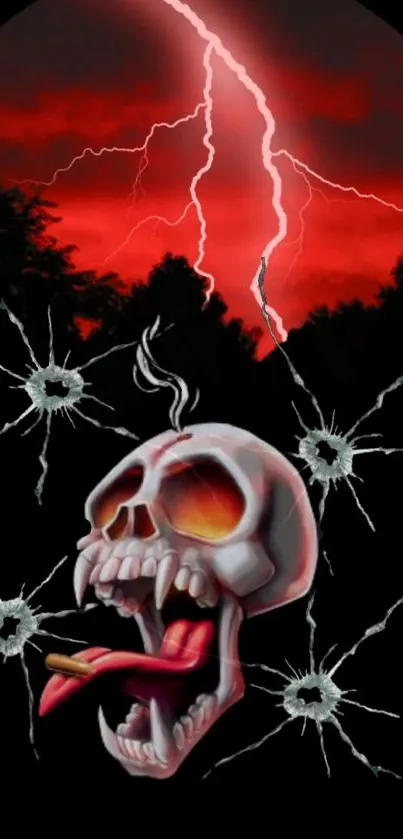 Fiery red sky and skull wallpaper with lightning and bullet holes.